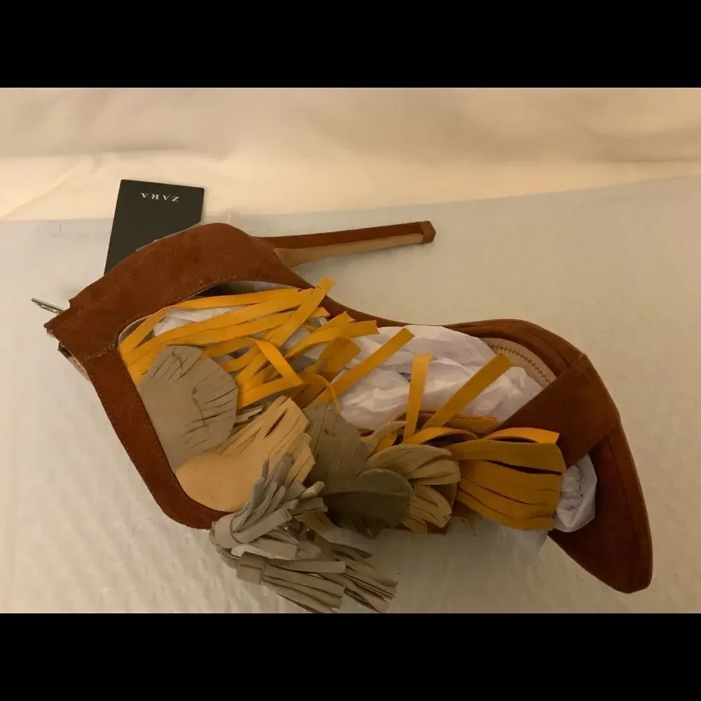 NEW ZARA MULTICOLOR Tri-color FRINGE SANDAL HIGH HEELS size 39 / 8 BLOGGERS FAVE - Picture 6 of 11